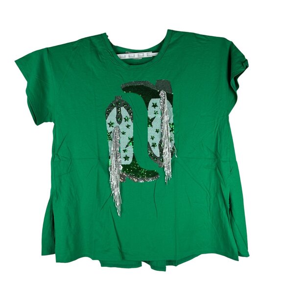 Blue B. Womens Kelly Green T-Shirt With Sequin Cowboy Boots Design SIze S - Picture 2 of 7